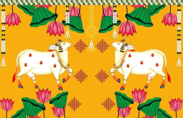 Backdropon Cows and Lotus Flower Design Printed Fabric ...