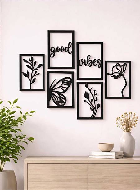 LRWOODEN Good Vibes Floral & Butterfly Wall Frame Set of 6 Pack of 6