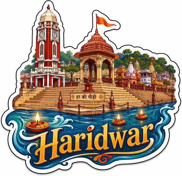 Decolyte Haridwar Theme Wooden Fridge Magnet Souvenir | 3x3 in Kitchen Home Decor Gift Fridge Magnet Pack of 1