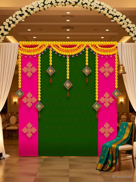 243 cm X 243 cm, Marigold Toranam HD Printed Polyester Cloth | Wedding, Gruhapravesam, Festival Decoration, Alankaram Decoration Cloth | Washable Pooja |