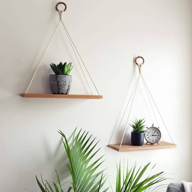 JAKIO Macrame Hanging Shelves, Wooden Wall Shelves with Handmade Pack of 2