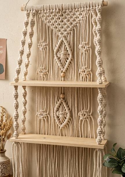 CHEEKU Craft Handmade Macrame Wall Hanging Shelf with 2 Wooden Plank