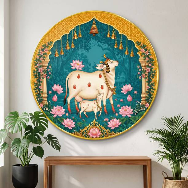 saf Sacred Cow Calf Wall Painting PVC Frame Spiritual Kamdhenu Decor