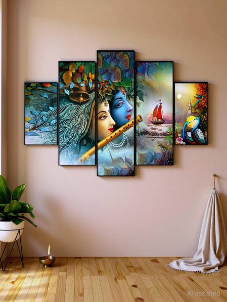 SNDArt (5P-9069)Set Of 5 Radha Krishna Wall Décor Digital Reprint 18 inch x 30 inch Painting