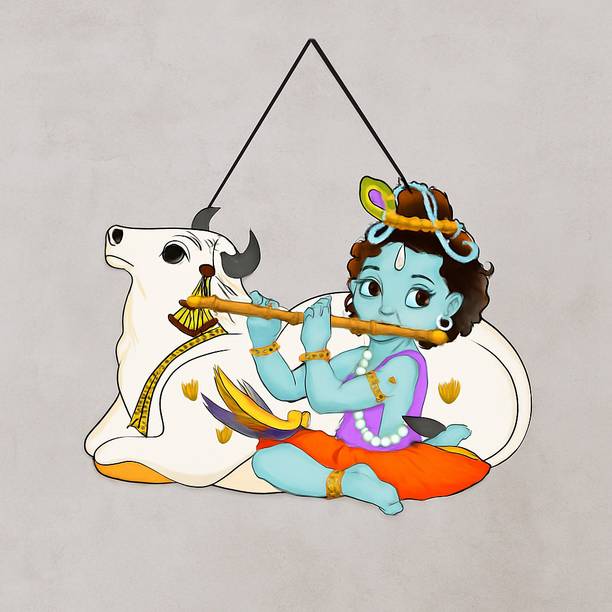 DropTopDecor Bal Krishna with Cow MDF Wall Hanging | Cute Flute Krishna Temple Decor