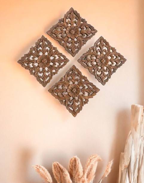 TOUCH WOOD HANDICRAFT Hand Carved Wall Panel Set Of 4 Piece, Wall Hanging Wooden Panel For Home Decor Pack of 4