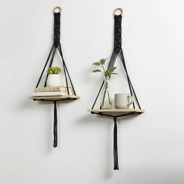 JAKIO Macrame Hanging Book Holder, Handmade Storage Organizer, Boho Wall Decorative Wooden Wall Shelf