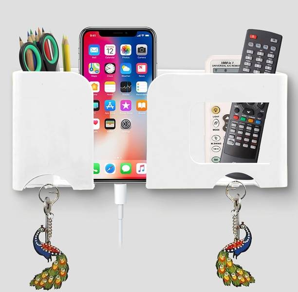 ब्राज़ीलियन Wall Mount Mobile Stand Remote Stand with Extra Space for 2 Mobiles - White