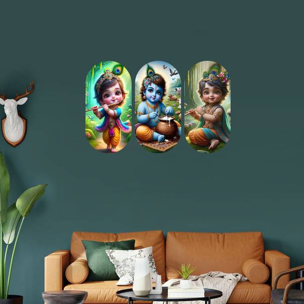 HOMBLI Little Krishna Roop Wooden Plank Set Of 3 Decor Pack of 3