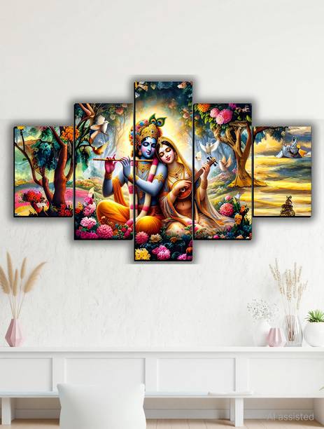 SNDArt Set Of 5 Radha Krishna Wall Painting For Home Decor Gift Items Digital Reprint 18 inch x 30 inch Painting