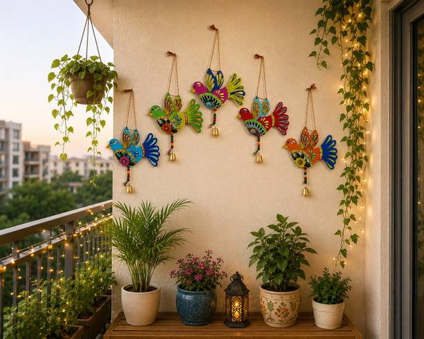 Sohibe Handmade Flower Birds Hanging Wooden Wall Decorative Item for Home A3 Pack of 5