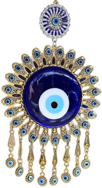 BLUE BEADS Golden Evil Eye Wall Hanging for Home & Office Crafted with blue glass eye