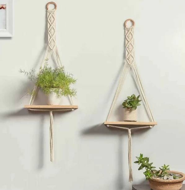 ONEDEEP Macrame Hanging Shelves, Wooden Wall Shelves with Handmade Woven Hanger Pack of 2