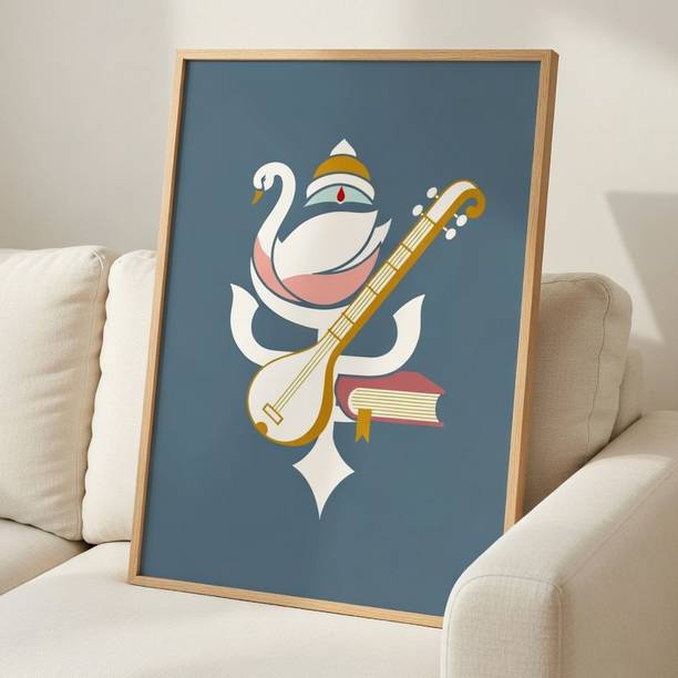 saf Goddess Saraswati Symbol Wall Painting Wooden Frame Spiritual Decor Digital Reprint 19.5 inch x 13.5 inch Painting