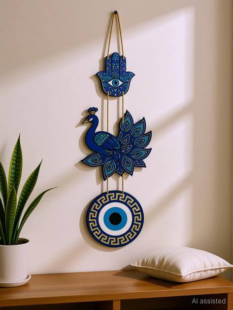 Maefele Peacock Evil Eye Wall Hanging with Hamsa Hand – Vastu Protection Wooden