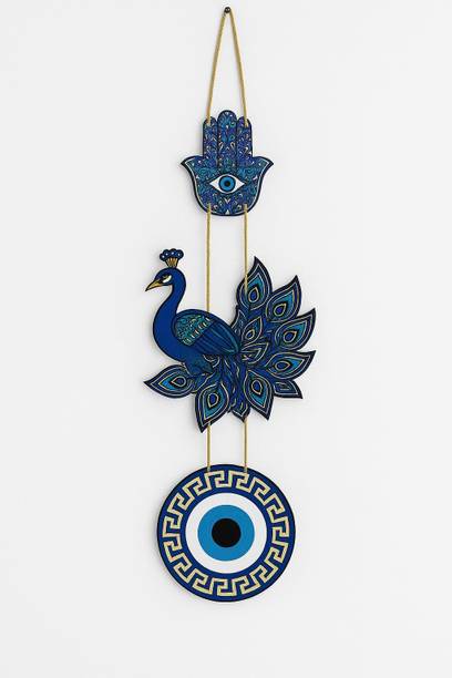 मैफेल Peacock Evil Eye Wall Hanging with Hamsa Hand – Vastu Protection Wooden
