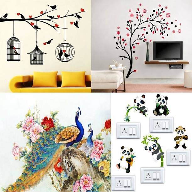 GharKraft Birds, Floral Tree,Peacock & Panda Switchboard Combo Decorative Wall Sticker Set