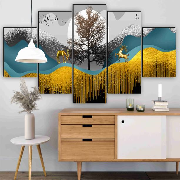 saf Modern Landscape Painting | 5 Panel Golden Deer on Hills | MDF Wall Decor Pack of 5