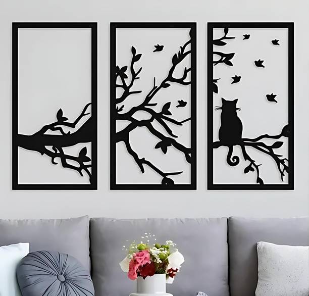 kumawatcraftss 3 Cat & Birds Wooden Wall Art Panels Tree Branch Design for Living Room Décor Pack of 3