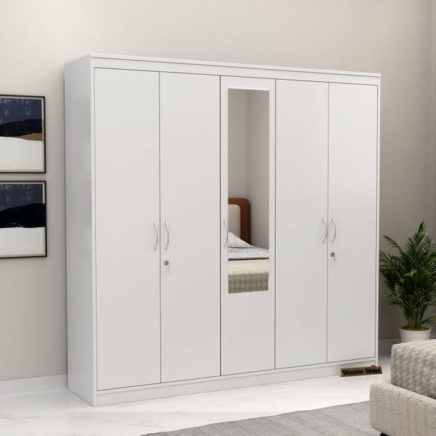Wooden Street Mahin 5-Door Wardrobe Stylish with Hanging Rod, Mirror Engineered Wood 5 Door Wardrobe