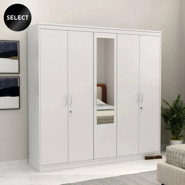 Wooden Street Mahin 5-Door Wardrobe Stylish with Hanging Rod, Mirror Engineered Wood 5 Door Wardrobe