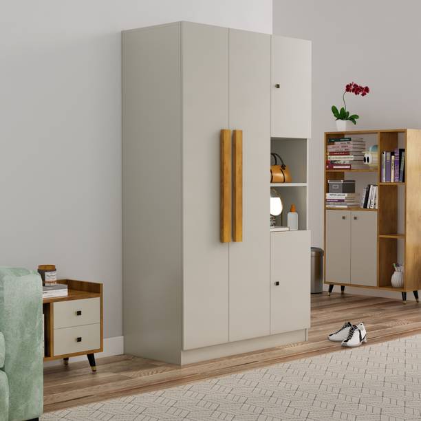 Hexa Red Wooden Wardrobe with Door & Hanging Space 3 Year Warranty Engineered Wood 4 Door Wardrobe