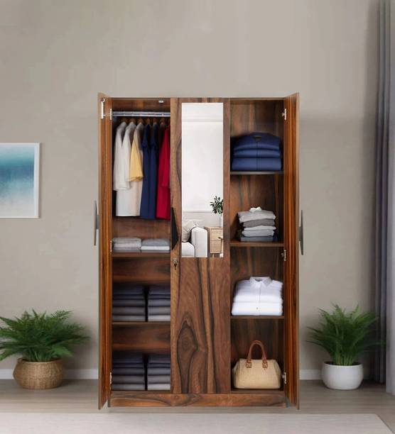 Mintwud From Pepperfry Maya 3 Door Wooden Wardrobe/Almirah With Mirror For Bedroom/Home Engineered Wood 3 Door Wardrobe