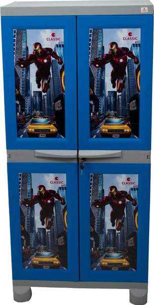 Classic Furniture Liberty 4ft Plastic Wardrobe| Closet| Shoerack ironman print-Blue-Grey Plastic 2 Door Wardrobe