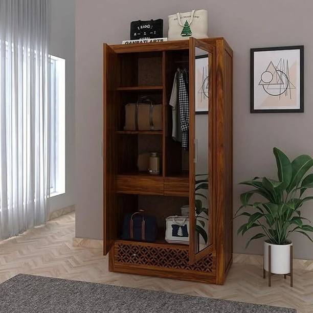 Ganpati Arts Sheesham Wood Jodhpur Storage Wardrobe with Mirror and 3 Drawers for Living Room Solid Wood 2 Door Wardrobe