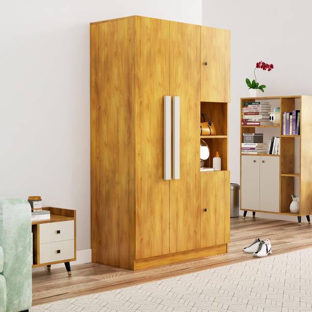 Hexa Red Wooden Almirah for Clothes, Door for Bedroom, 4 Door Wardrobe with Hanging Space Engineered Wood 4 Door Wardrobe