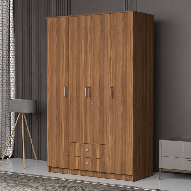 neuspace Tetra 4 Door Wardrobe with 2 Drawers |Hanging Space & Shelves | Clothes Storage Engineered Wood 4 Door Wardrobe