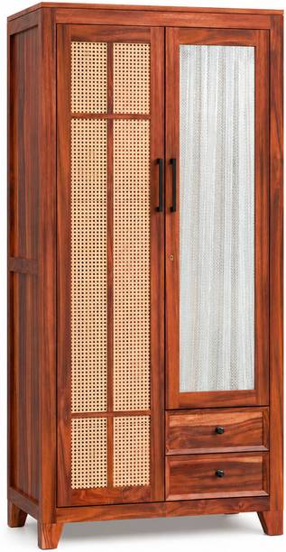 Krishna Wood Decor Modern Rattan Cane Wardrobe Cum Dressing Table Premium Wooden Wardrobe Series | Solid Wood 2 Door Wardrobe