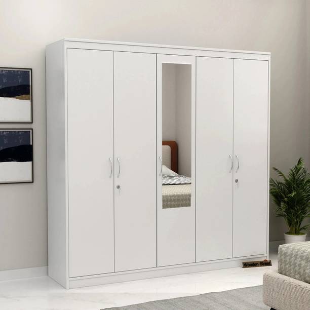 Wooden Street Mahin 5-Door Wardrobe Stylish with Hanging Rod, Mirror Engineered Wood 5 Door Wardrobe