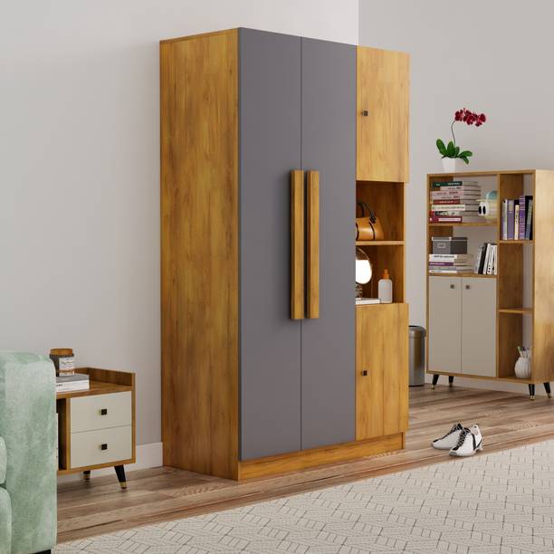 Hexa Red Wooden Wardrobe with Door & Hanging Space 3 Year Warranty Engineered Wood 4 Door Wardrobe