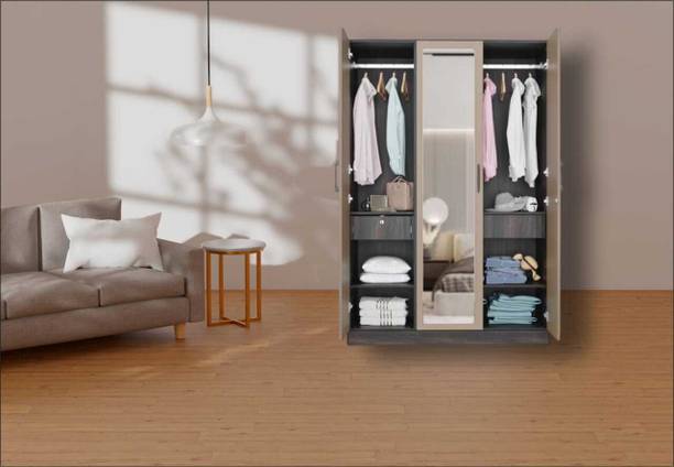 WC White Cedar Engineered Wood 3 Door Wardrobe Finish Color - Wooden Colour, Mirror Included Engineered Wood 3 Door Wardrobe