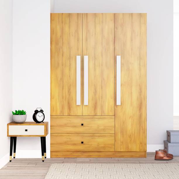 Hexa Red Wooden Wardrobe with 2 Drawer & Hanging Space 3 Year Warranty Engineered Wood 3 Door Wardrobe