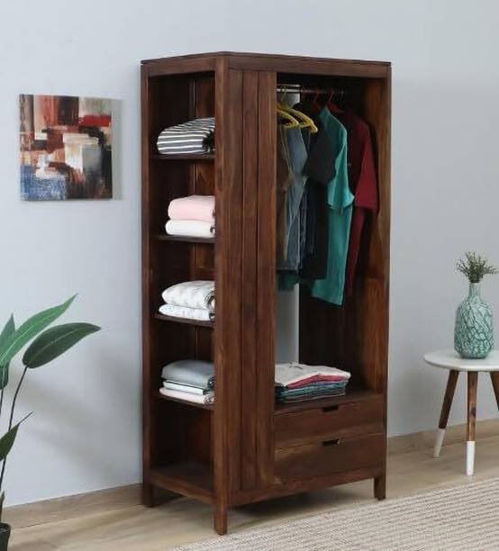 THE HOME HEAVEN INTERIOR Solid Wood Open Wardrobe 2 Drawers in Provincial Teak Finish Solid Wood 1 Door Wardrobe