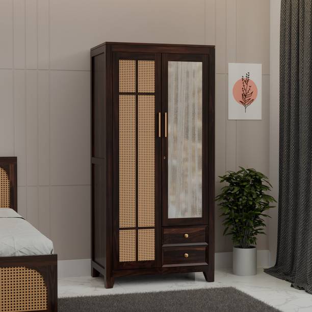 Krishna Wood Decor Modern Rattan Cane Wardrobe Cum Dressing Table Premium Wooden Wardrobe Series | Solid Wood 2 Door Wardrobe