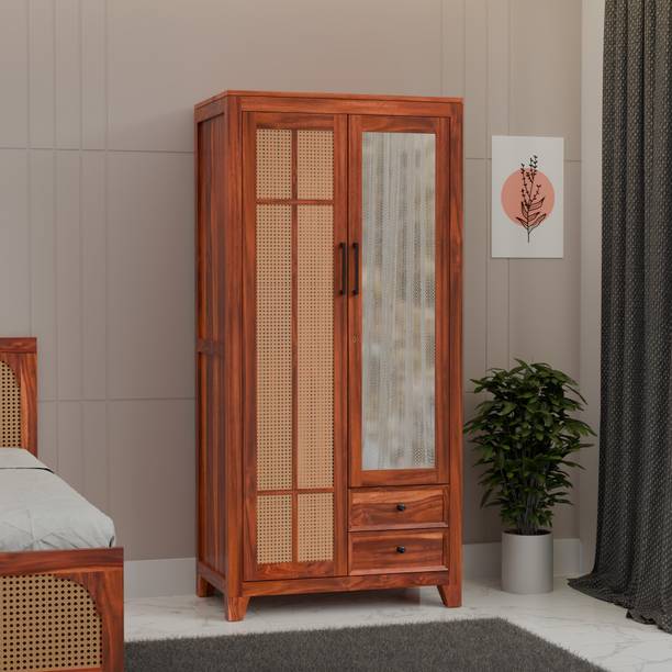 Krishna Wood Decor Modern Rattan Cane Wardrobe Cum Dressing Table Premium Wooden Wardrobe Series | Solid Wood 2 Door Wardrobe