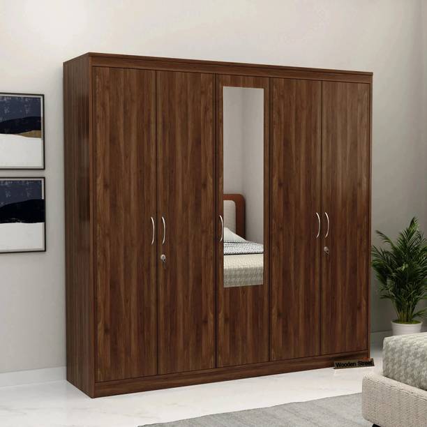 Wooden Street Mahin Engineered Wood 5 Door Wardrobe With Hanging Rod, Mirror Engineered Wood 5 Door Wardrobe