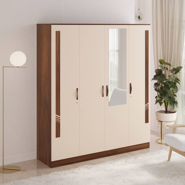 BLUEWUD Andrie 4 Door Wardrobe/Clothes Storage Organizer Almirah Cupboard With Mirror Engineered Wood 4 Door Wardrobe