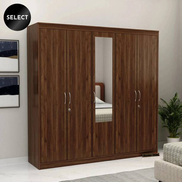 Wooden Street Mahin Engineered Wood 5 Door Wardrobe With Hanging Rod, Mirror Engineered Wood 5 Door Wardrobe