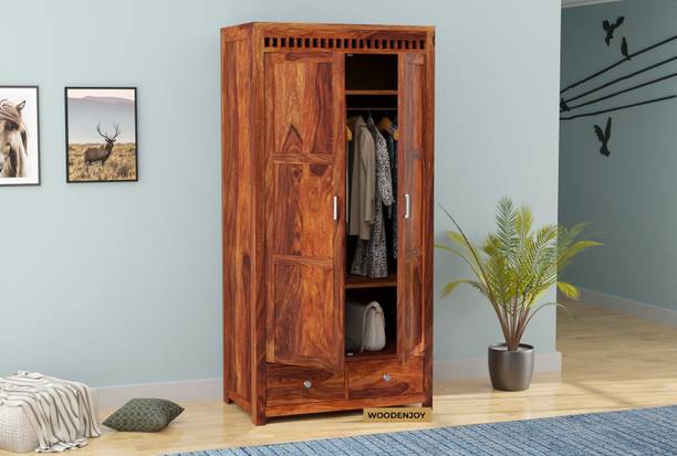 WOODENJOY Solid Sheesham Wood Wardrobe With 2 Drawer Solid Wood 2 Door Wardrobe