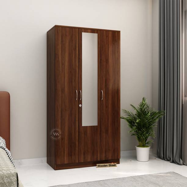 Wooden Street Kayden Engineered Wood 3 Door Wardrobe with Hanger Rod & Mirror Engineered Wood 3 Door Wardrobe