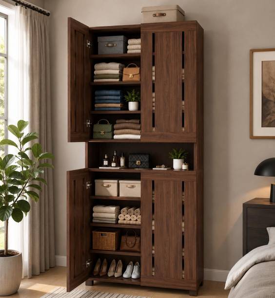 Furniva Tower 4-Door Wooden Wardrobe | Tall Almirah Cupboard for Storage Organization | Engineered Wood 4 Door Wardrobe
