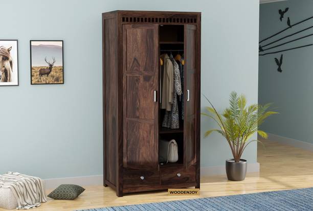 WOODENJOY Solid Sheesham Wood Wardrobe With 2 Drawer Solid Wood 2 Door Wardrobe