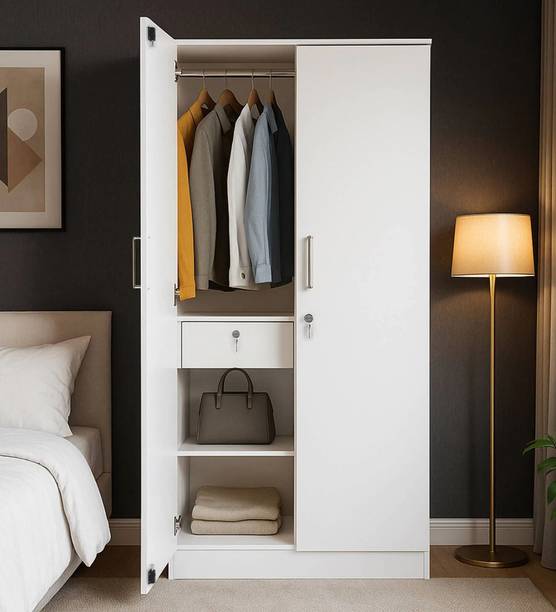 Mintwud 2 Door Wardrobe In Off White Finish With Drawer Engineered Wood 2 Door Wardrobe