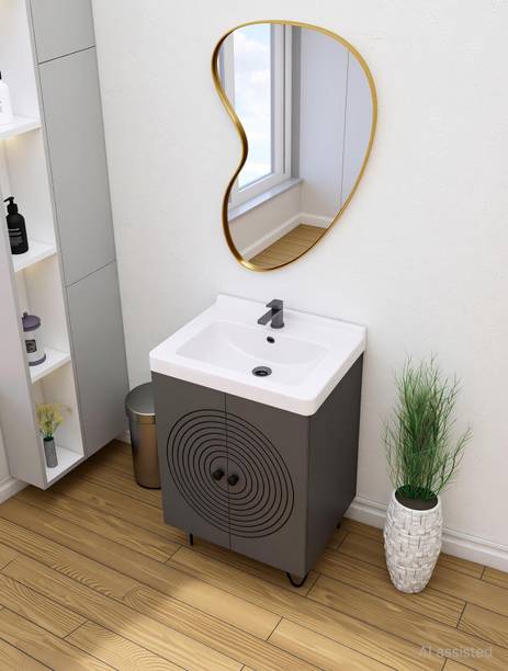 MONTAGE Washbasin Vanity Cabinet with Ceramic Basin Sink Water Resistant HDHMR Wood 4mm Grooves Round Design Under Counter Basin