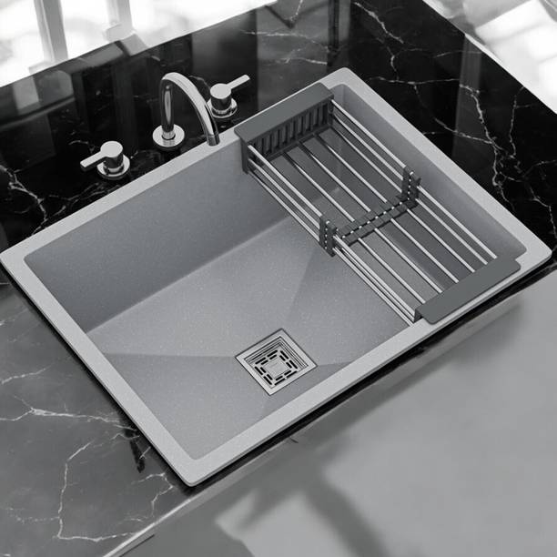 Spunk 24x18x10 Quartz Kitchen Sink Single Bowl Smoke Gray Granite Sink for Kitchen SP2418GNG | Stain-Resistant, Heat-Resistant, Scratch-Resistant Vessel Sink