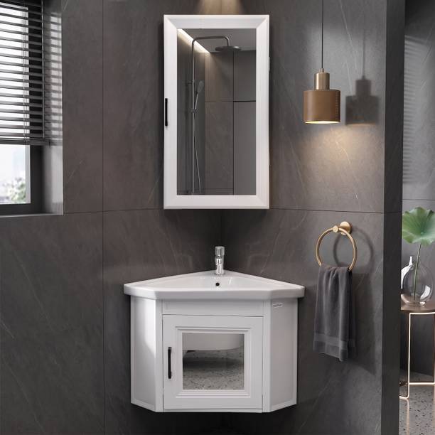 Plantex Wall Mount Vanity Cabinet with Washbasin and Mirror/Corner Basin Waste Coupling/Cabinet for Bathroom Organizer - (406, White) Wall Hung Basin